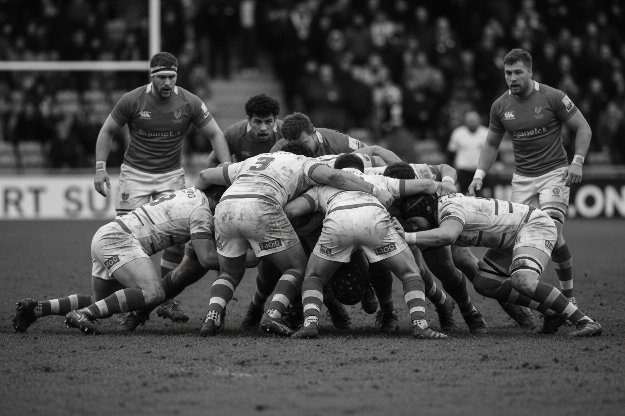 Black and white rugby scrum